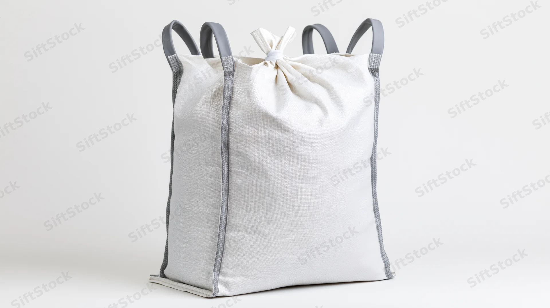 White bulk bag with gray straps and drawstring closure standing upright on plain background