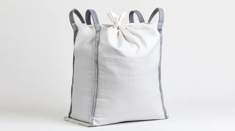 White bulk bag with gray straps and drawstring closure standing upright on plain background