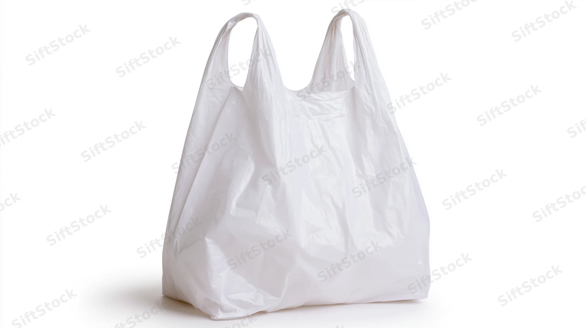 White plastic grocery bag standing upright with handles on plain white background
