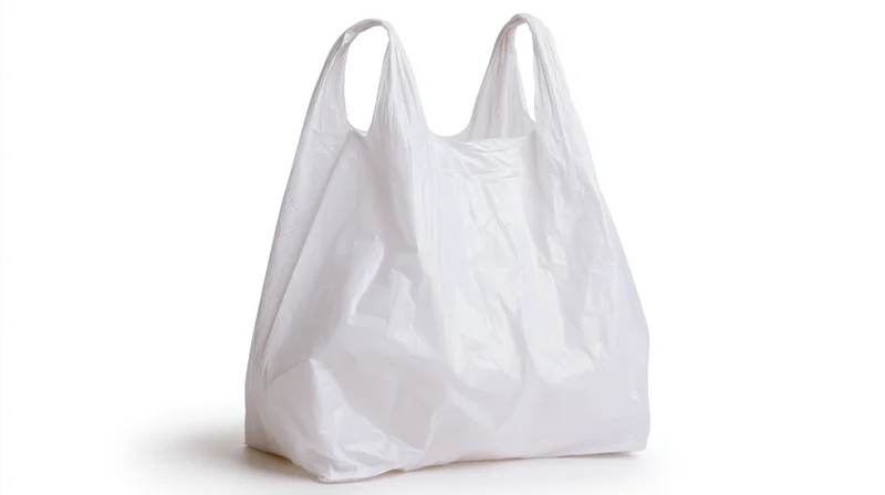 White plastic grocery bag standing upright with handles on plain white background