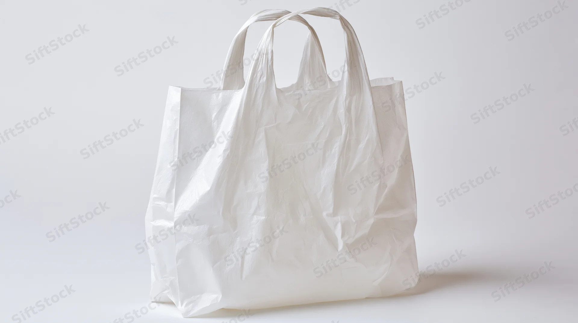 White plastic grocery bag standing upright with handles on plain white background