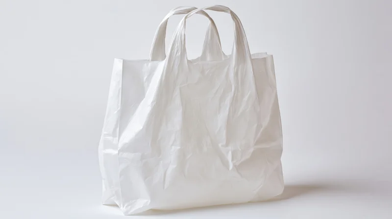 White plastic grocery bag standing upright with handles on plain white background