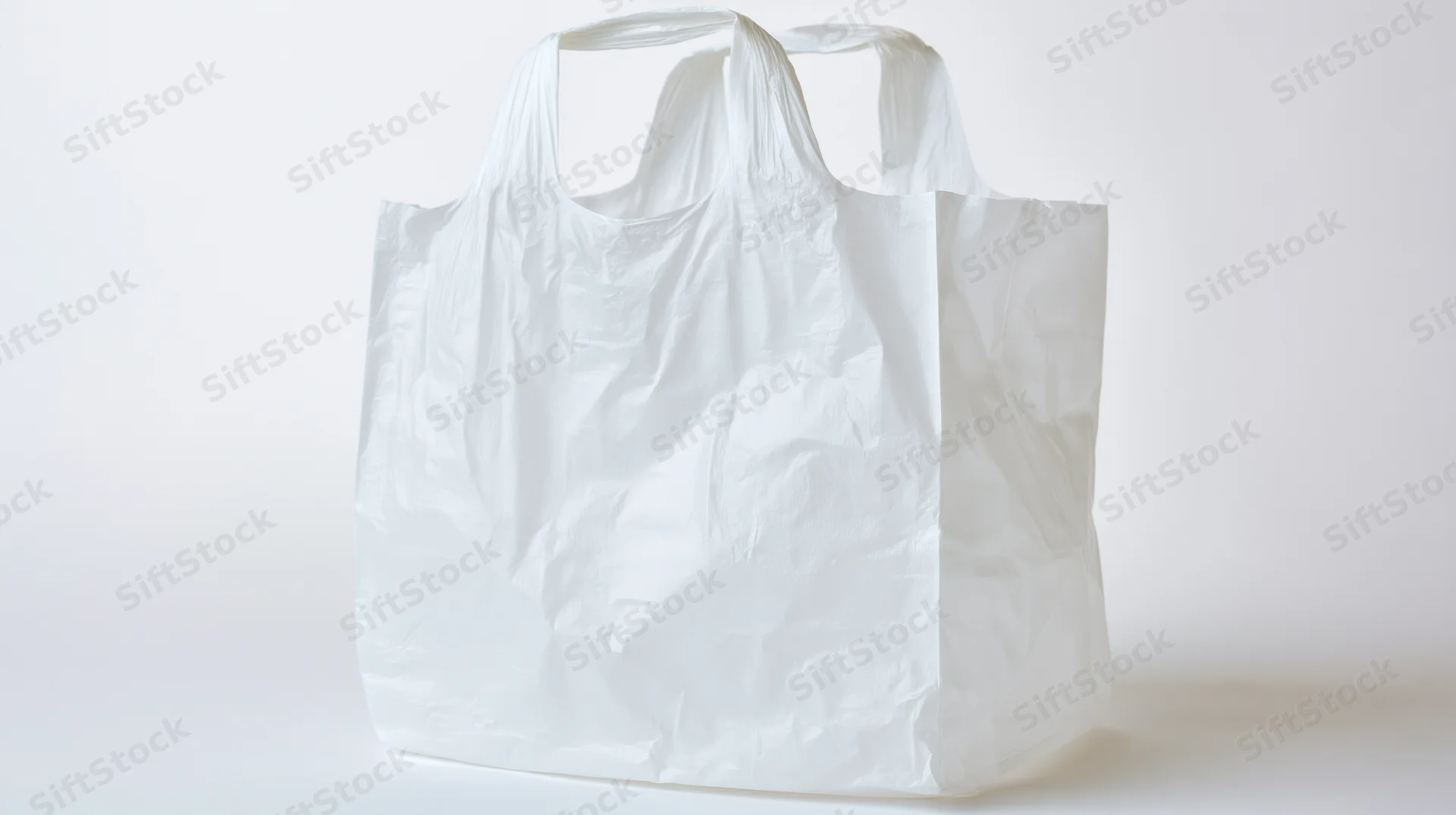 White plastic grocery bag standing upright with handles on plain white surface