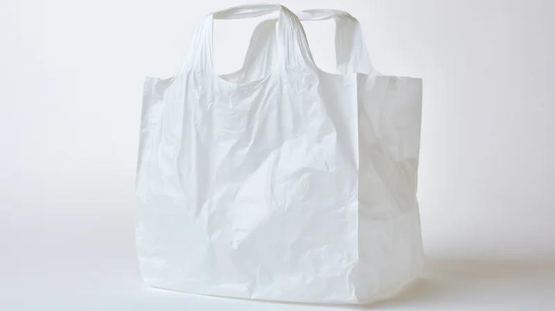 White plastic grocery bag standing upright with handles on plain white surface