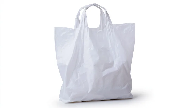White plastic grocery bag standing upright with handles on plain white background