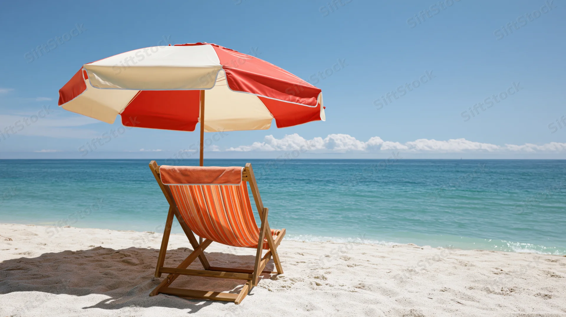 Wooden deck chair with orange-striped fabric under red and white umbrella on sandy beach facing ocean