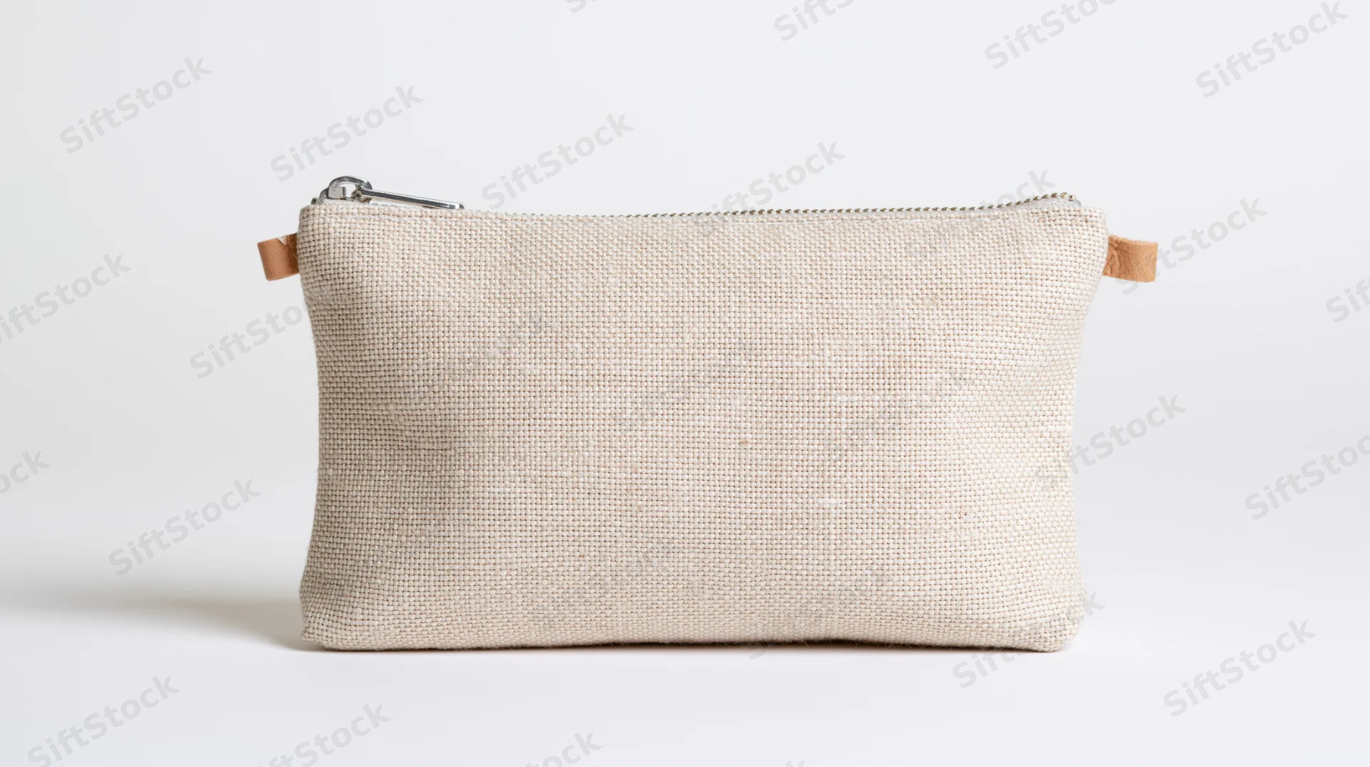 Small beige linen canvas zipper pouch sitting upright on white background