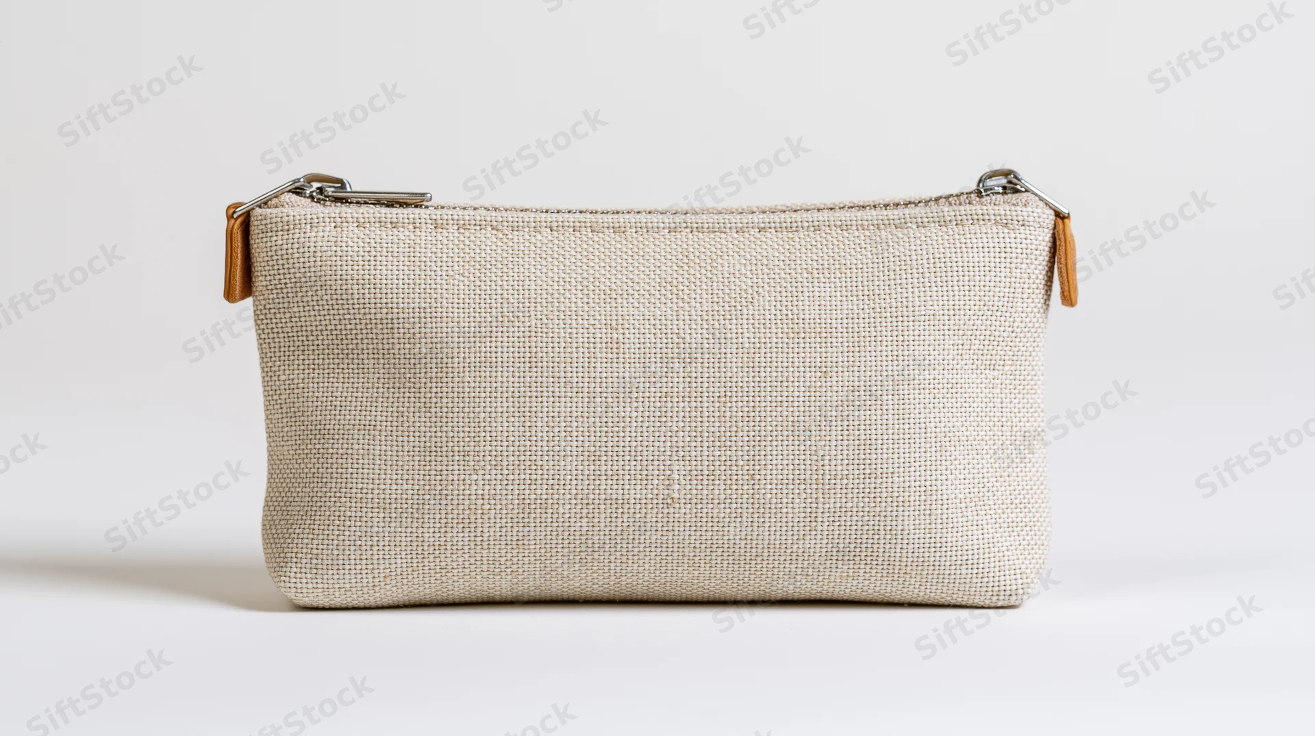 Small beige linen canvas pouch with zipper and leather strap on white background