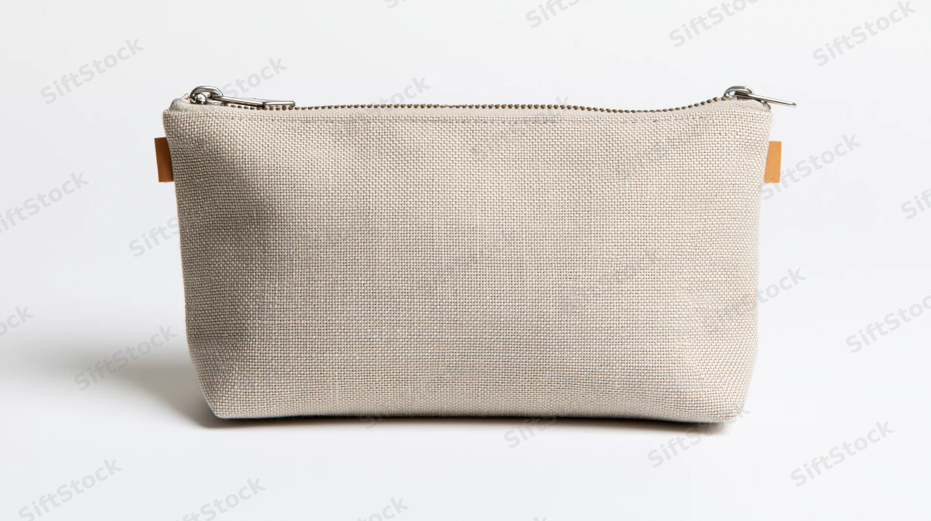 Small beige linen canvas zipper pouch sitting upright on white background