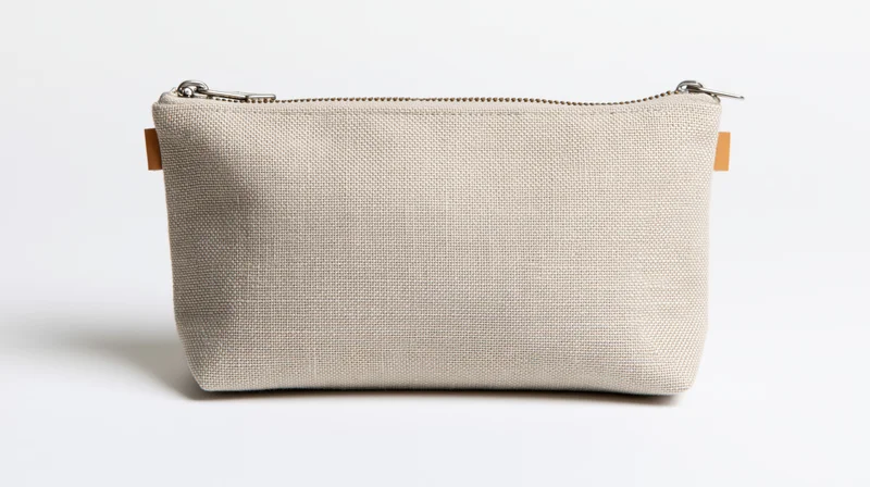 Small beige linen canvas zipper pouch sitting upright on white background