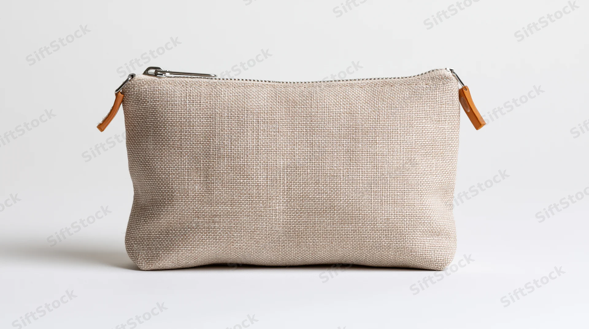 Small beige linen canvas zipper pouch sitting upright on white background