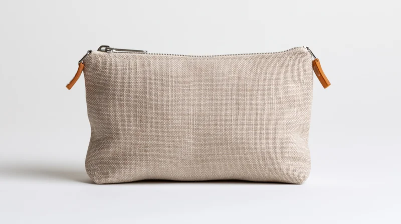Small beige linen canvas zipper pouch sitting upright on white background