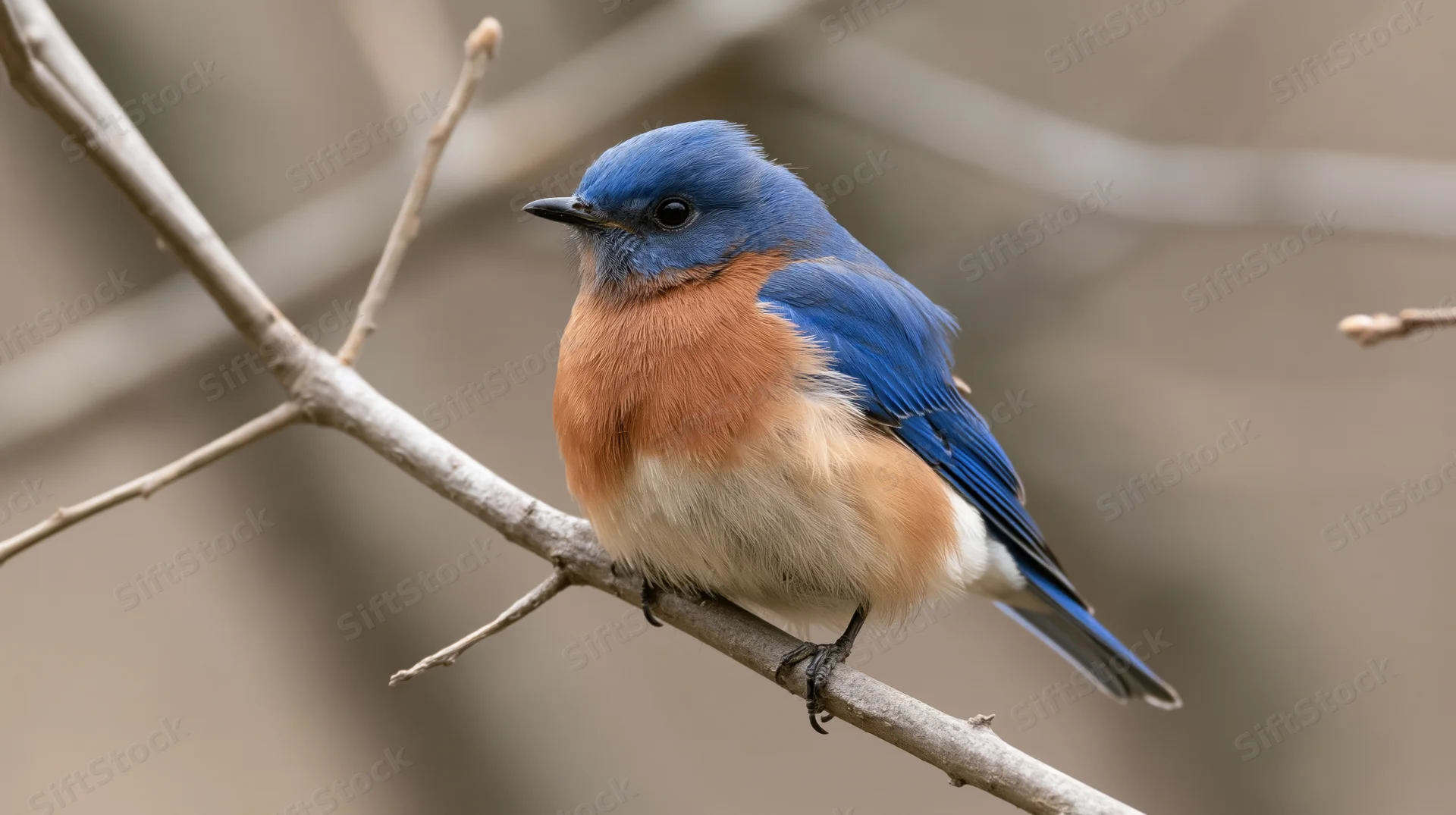 Male bluebird perched alert on a branch in a woodland setting