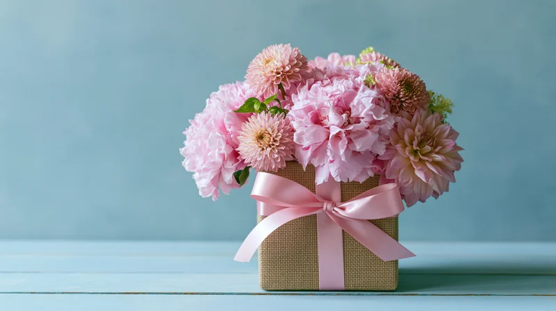 Pink peonies and dahlias arranged in a gift box with ribbon on a light blue surface