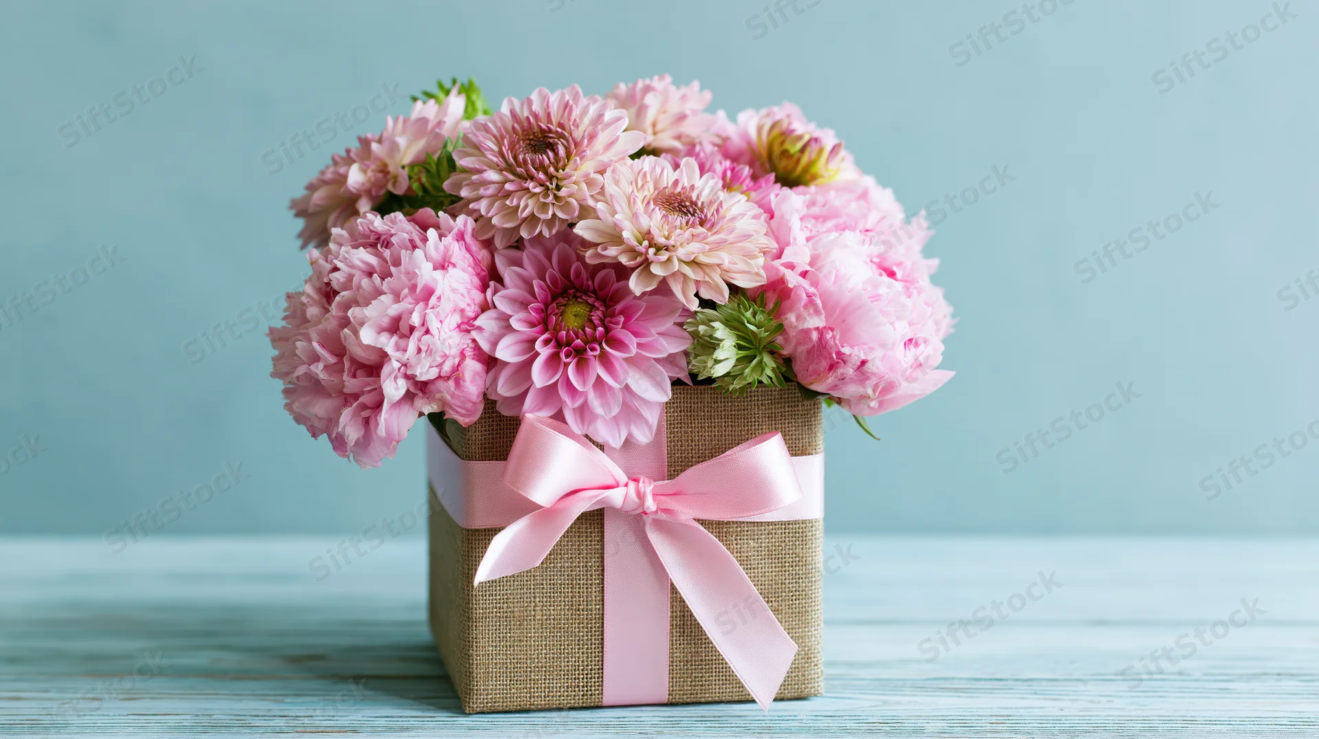 Pink peonies and dahlias arranged in a burlap gift box with ribbon on a blue wooden surface