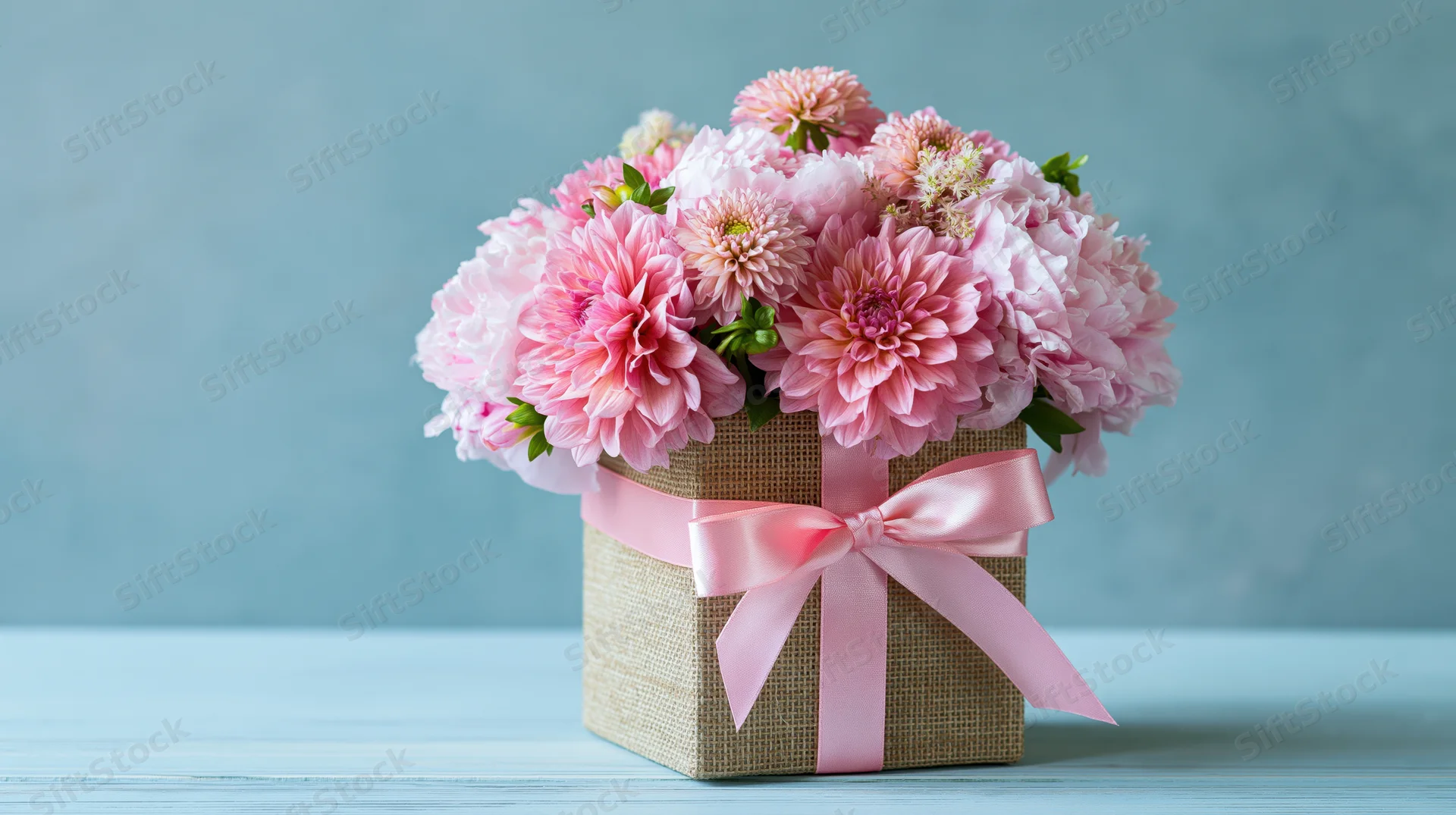 Pink peonies and dahlias arranged in a burlap gift box with a satin ribbon on a blue surface