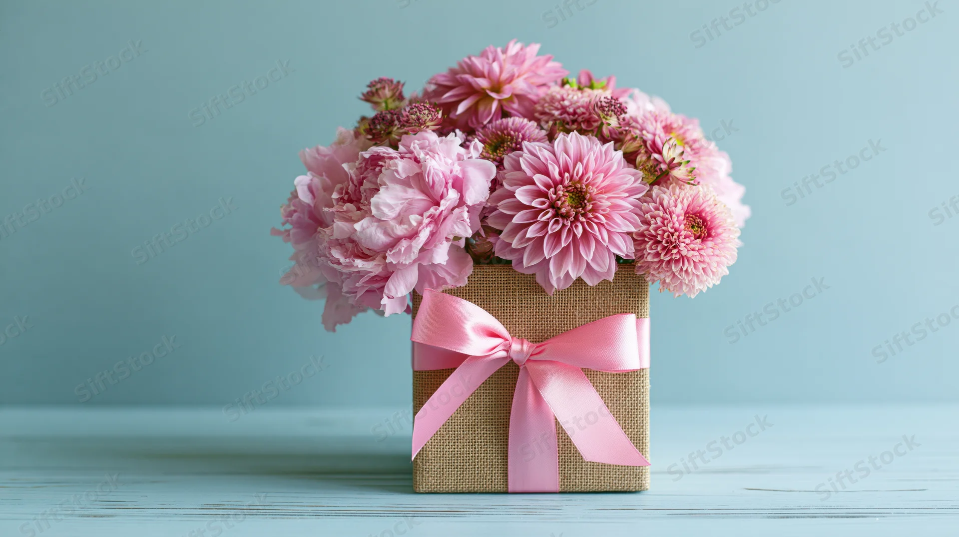 Pink peonies and dahlias arranged in a gift box with ribbon on a blue surface