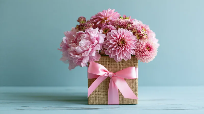 Pink peonies and dahlias arranged in a gift box with ribbon on a blue surface