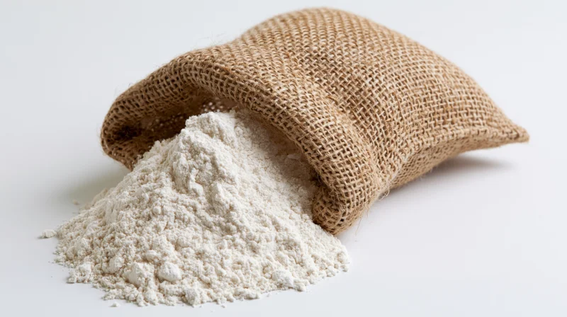 Burlap sack tipped over spilling white flour onto a plain surface