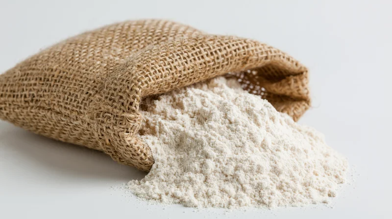 Burlap sack tipped over spilling flour onto white surface