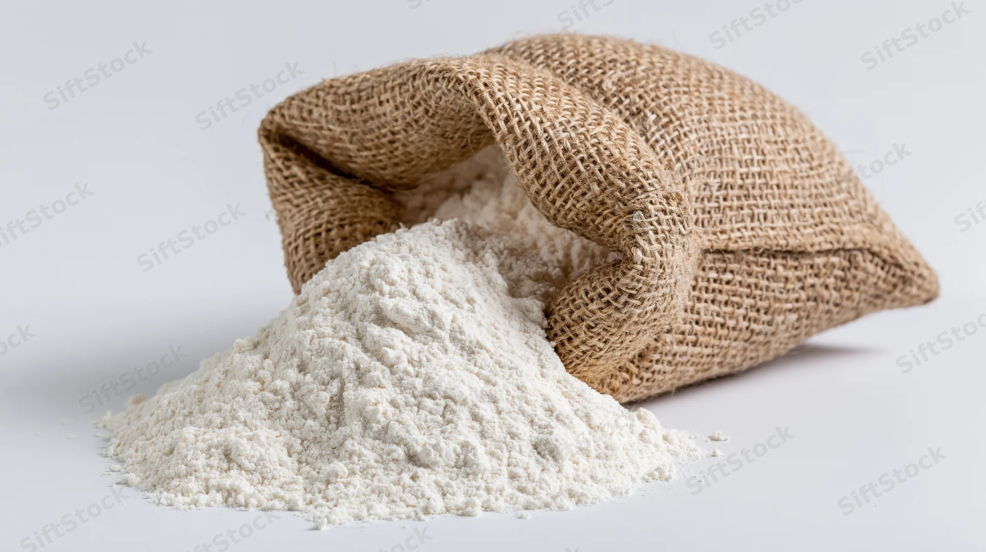Burlap sack tipped over spilling white flour onto a plain surface