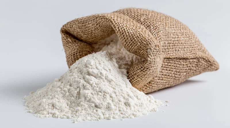 Burlap sack tipped over spilling white flour onto a plain surface
