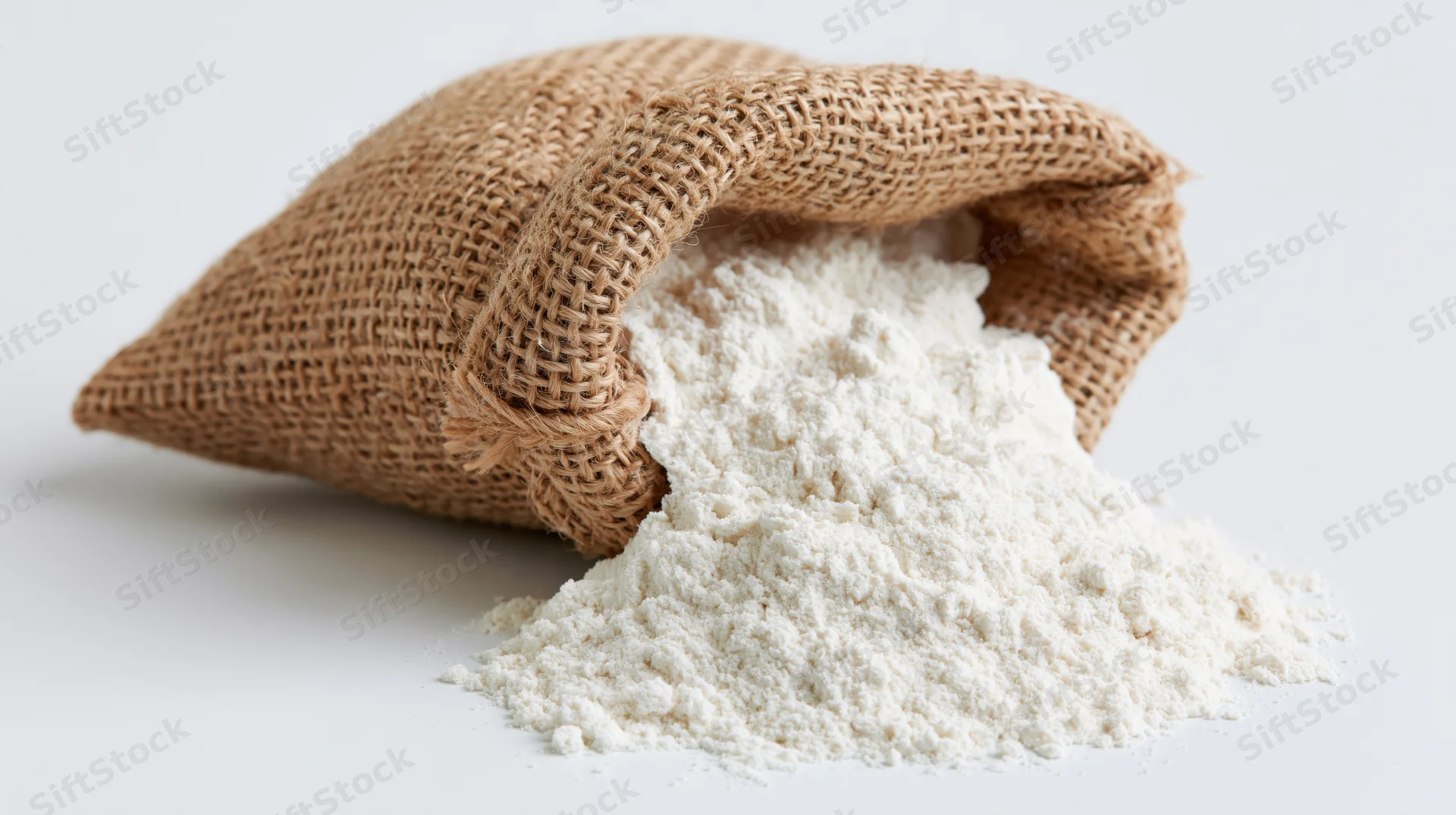 Burlap sack tipped over spilling white flour onto a plain surface