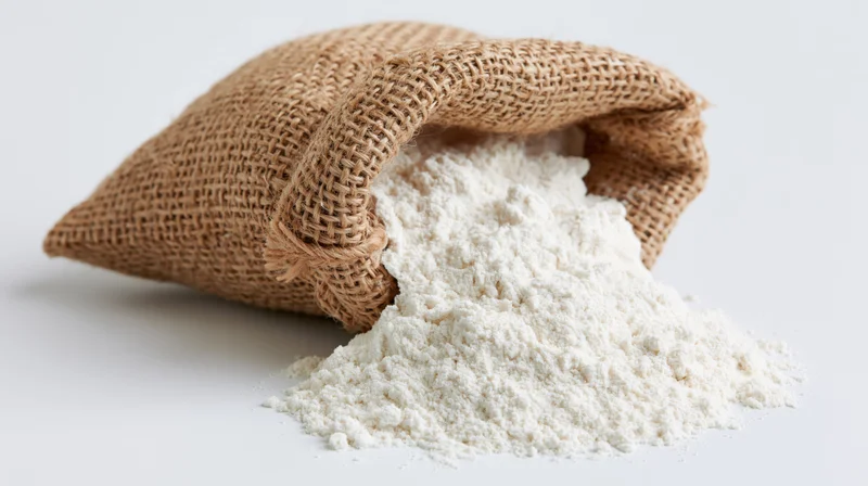 Burlap sack tipped over spilling white flour onto a plain surface
