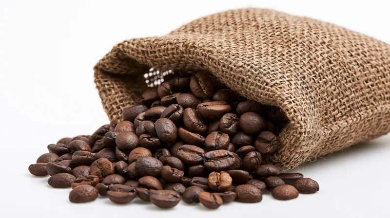 Roasted coffee beans spilling from a tipped burlap sack on white background