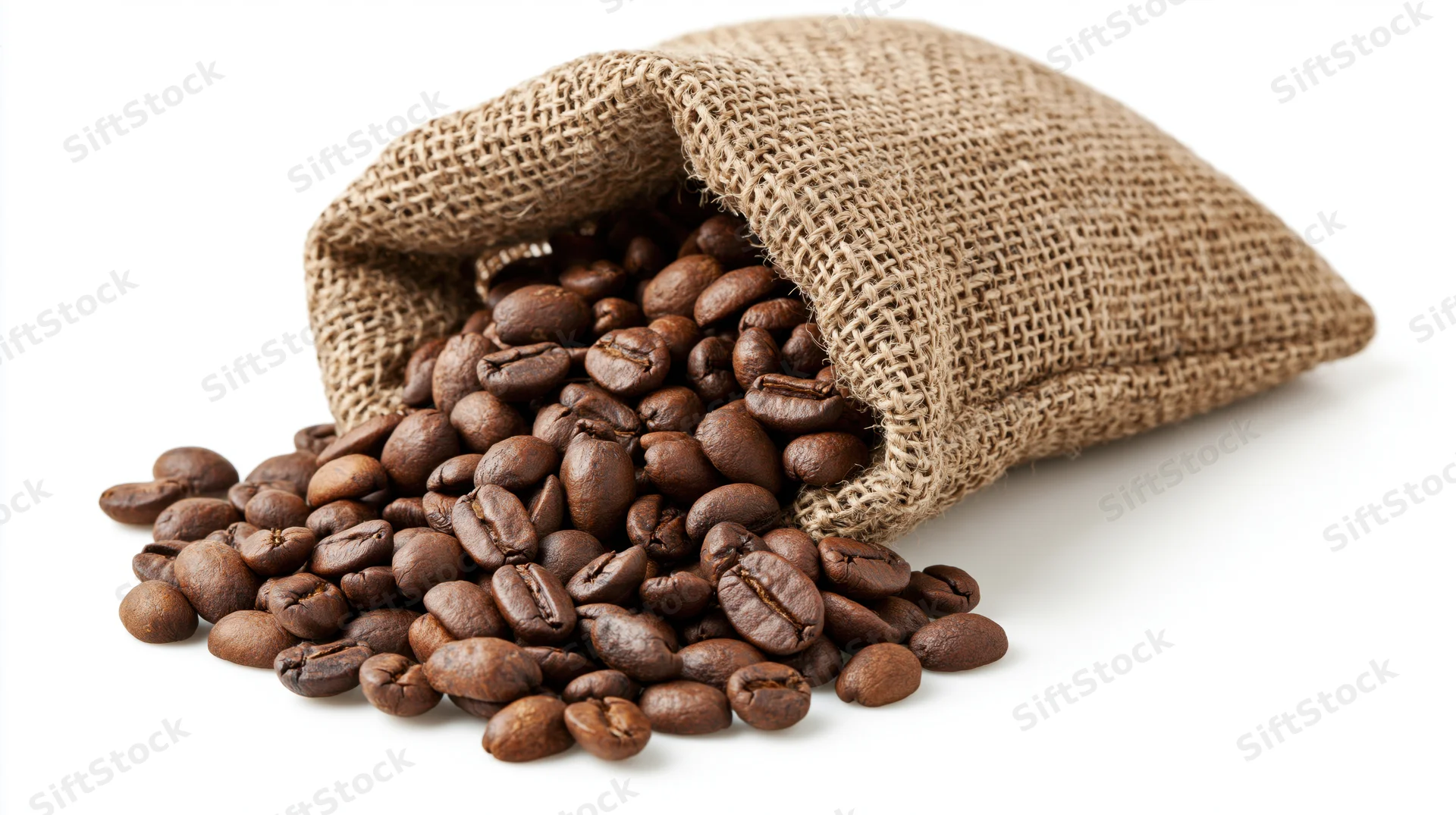 Roasted coffee beans spilling from a small burlap sack on white background