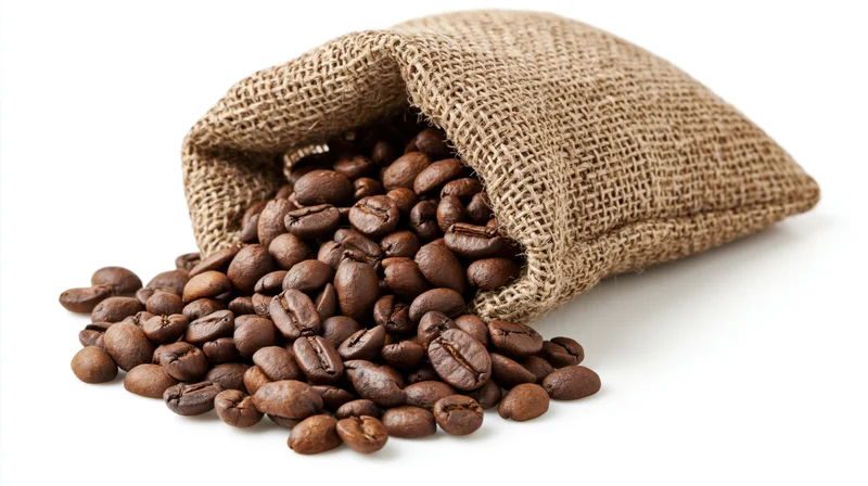 Roasted coffee beans spilling from a small burlap sack on white background