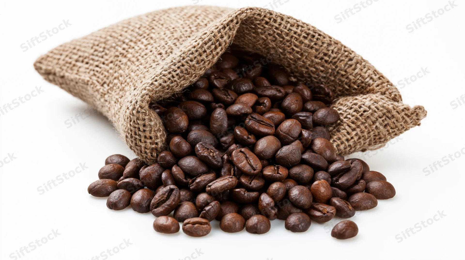 Roasted coffee beans spilling from a burlap sack on white background
