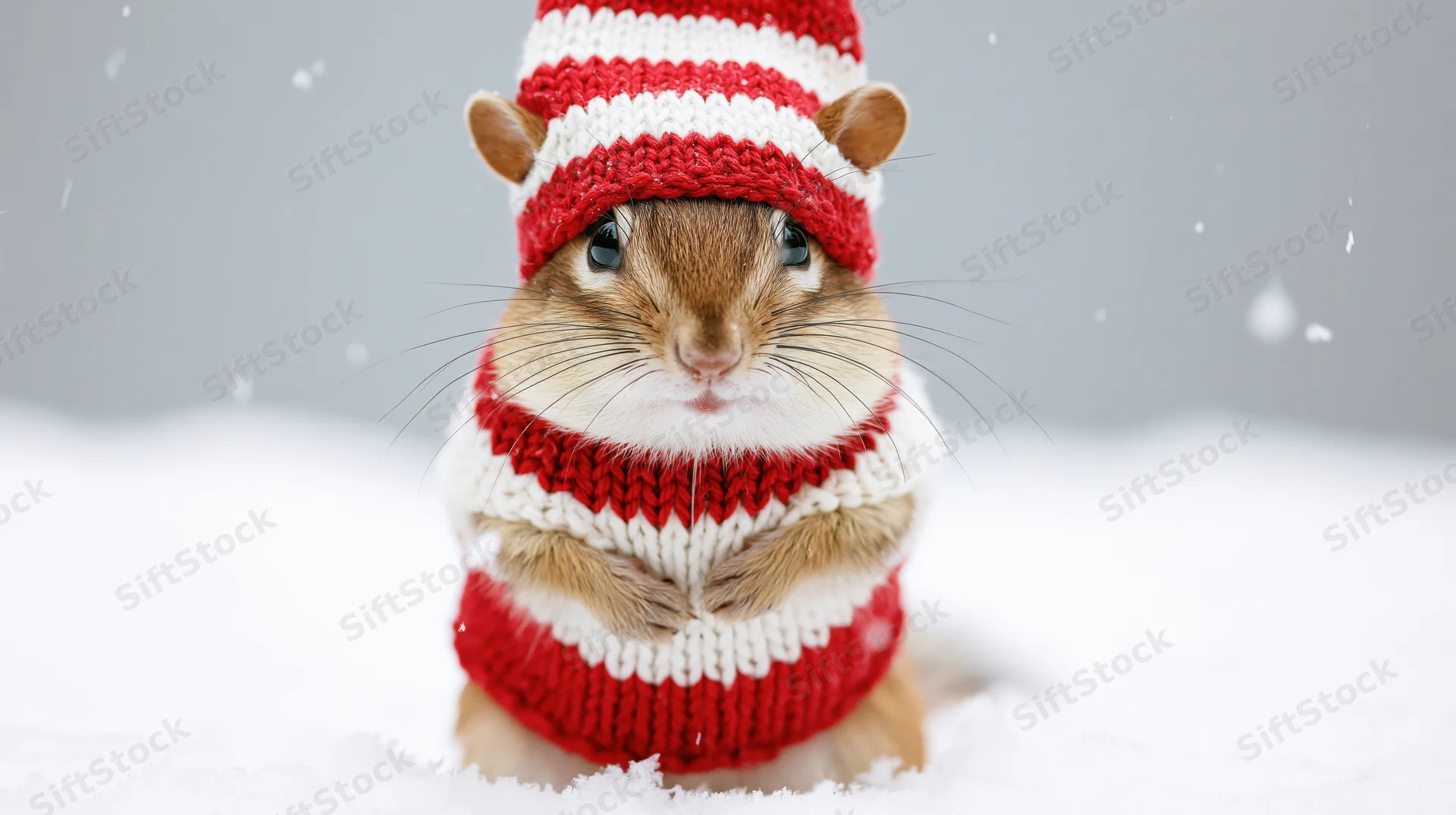 Chipmunk wearing red and white knitted sweater and hat sitting in snow