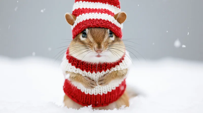 Chipmunk wearing red and white knitted sweater and hat sitting in snow