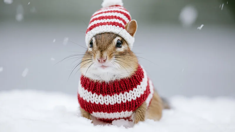 Chipmunk wearing red and white knitted sweater and hat sitting in snow