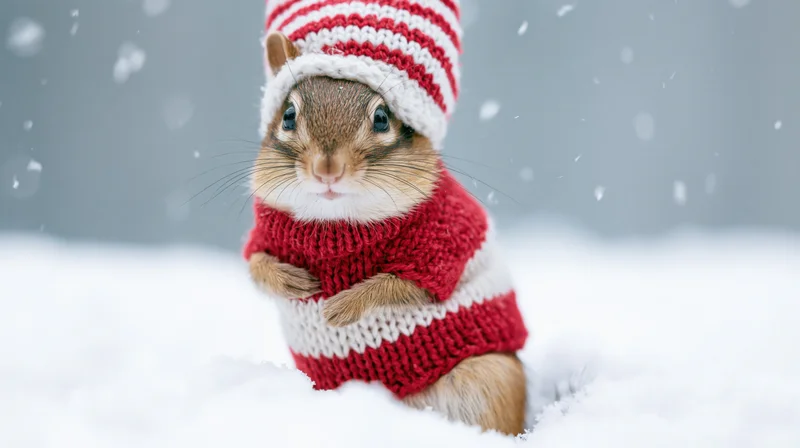 Chipmunk wearing red and white knitted sweater and hat standing in snow
