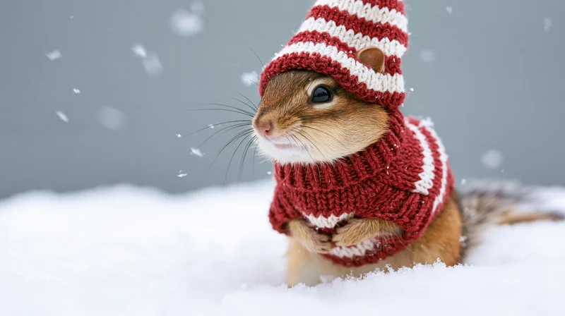 Chipmunk wearing red and white knitted sweater and hat in snow