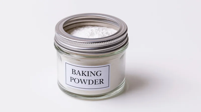 Small glass jar filled with white baking powder labeled on white background