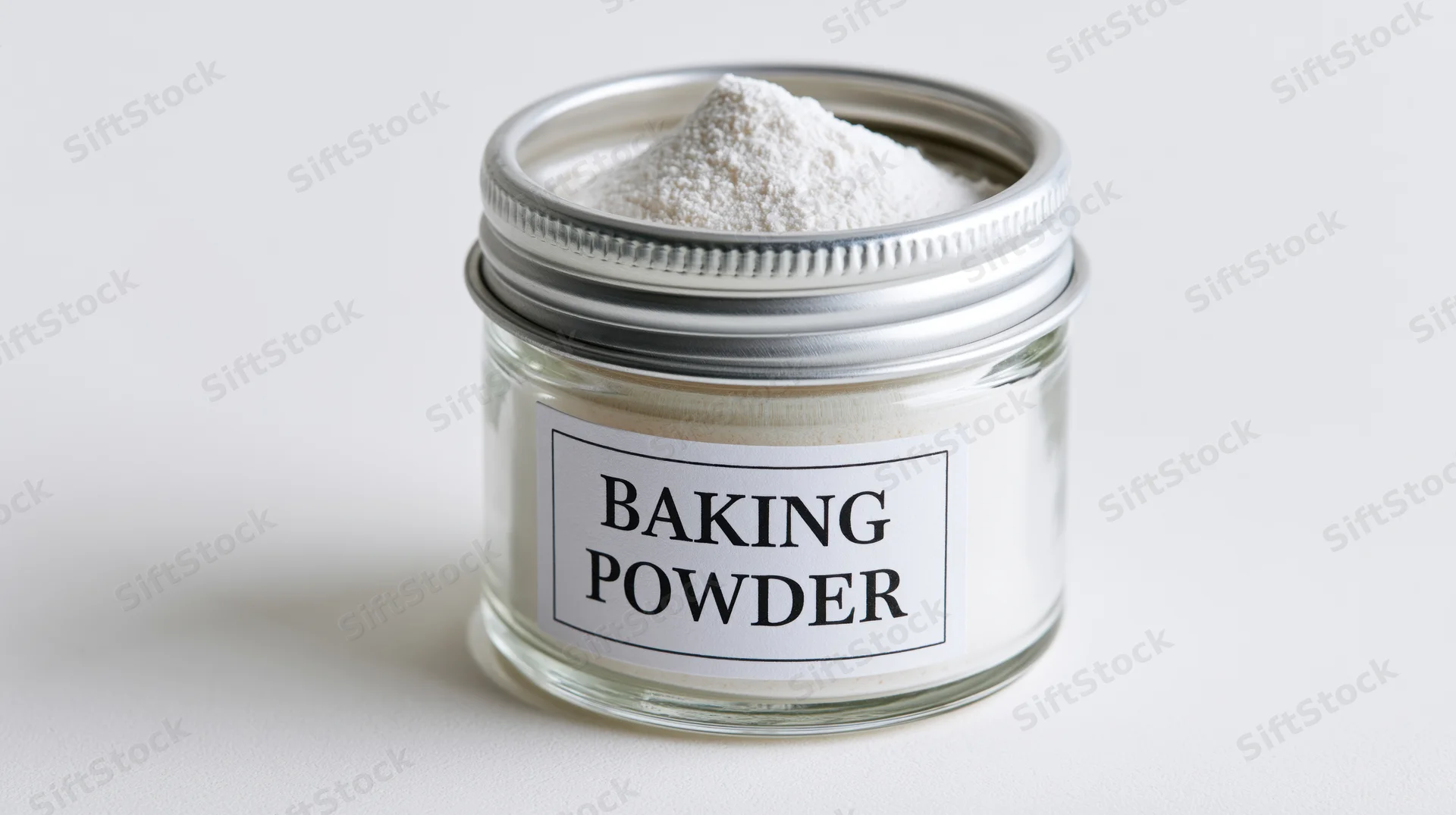 Small glass jar filled with white baking powder, labeled and sealed, on a plain white surface