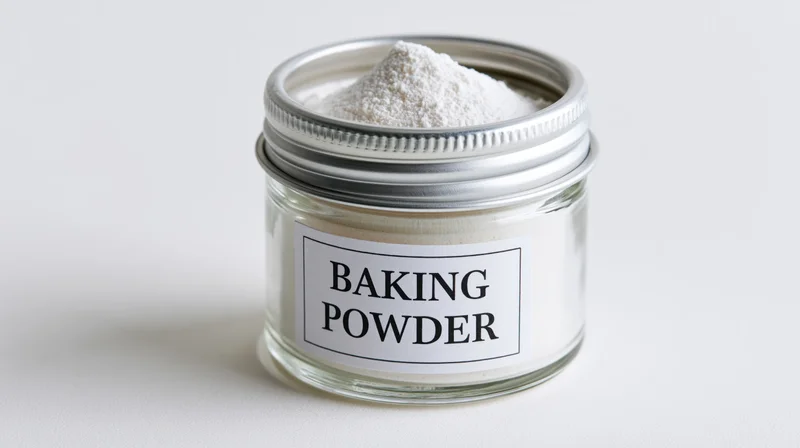 Small glass jar filled with white baking powder, labeled and sealed, on a plain white surface
