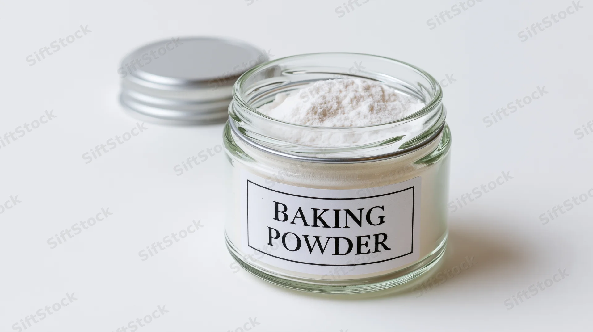 Clear glass jar filled with white baking powder, labeled, lid beside it on white surface