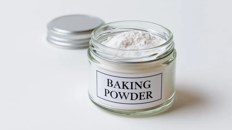 Clear glass jar filled with white baking powder, labeled, lid beside it on white surface