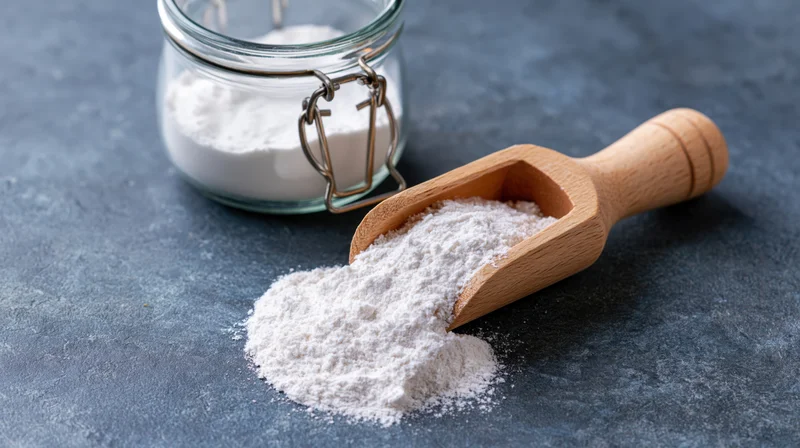 Wooden scoop filled with white flour spilling onto dark surface beside glass jar