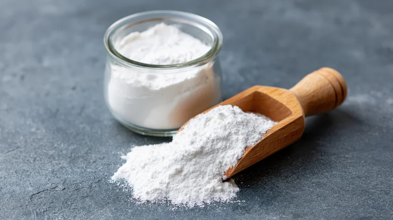 White powder spilled from wooden scoop beside glass jar on gray stone surface
