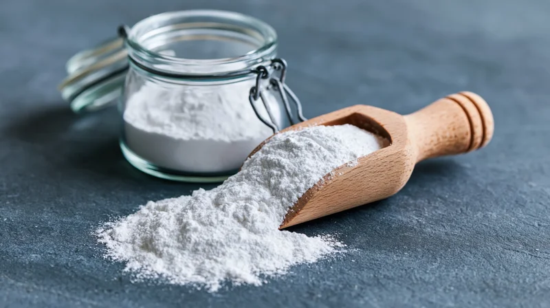 Wooden scoop filled with white flour beside a glass jar on a dark surface