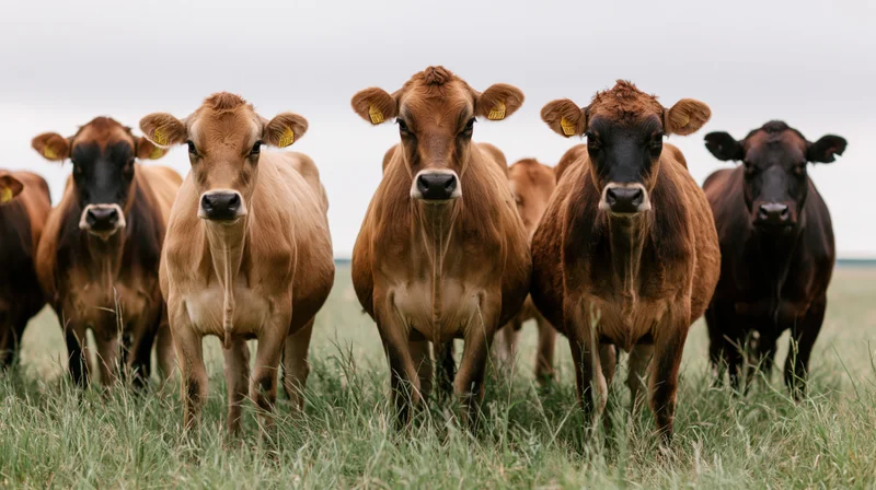 Herd of jersey and brown cattle standing in tall grass in a pasture