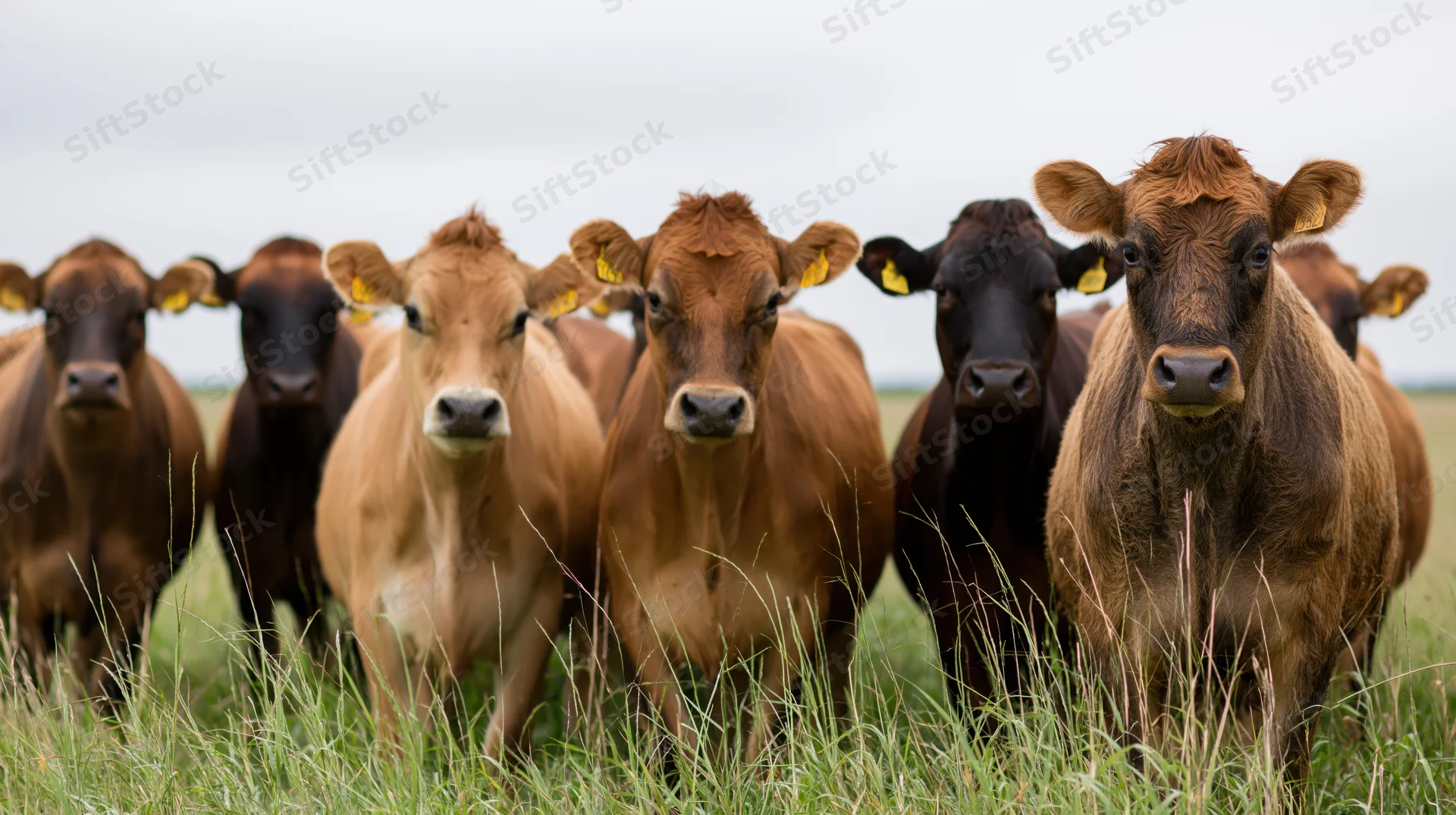 A herd of jersey and dark brown cattle standing in tall grass in a pasture