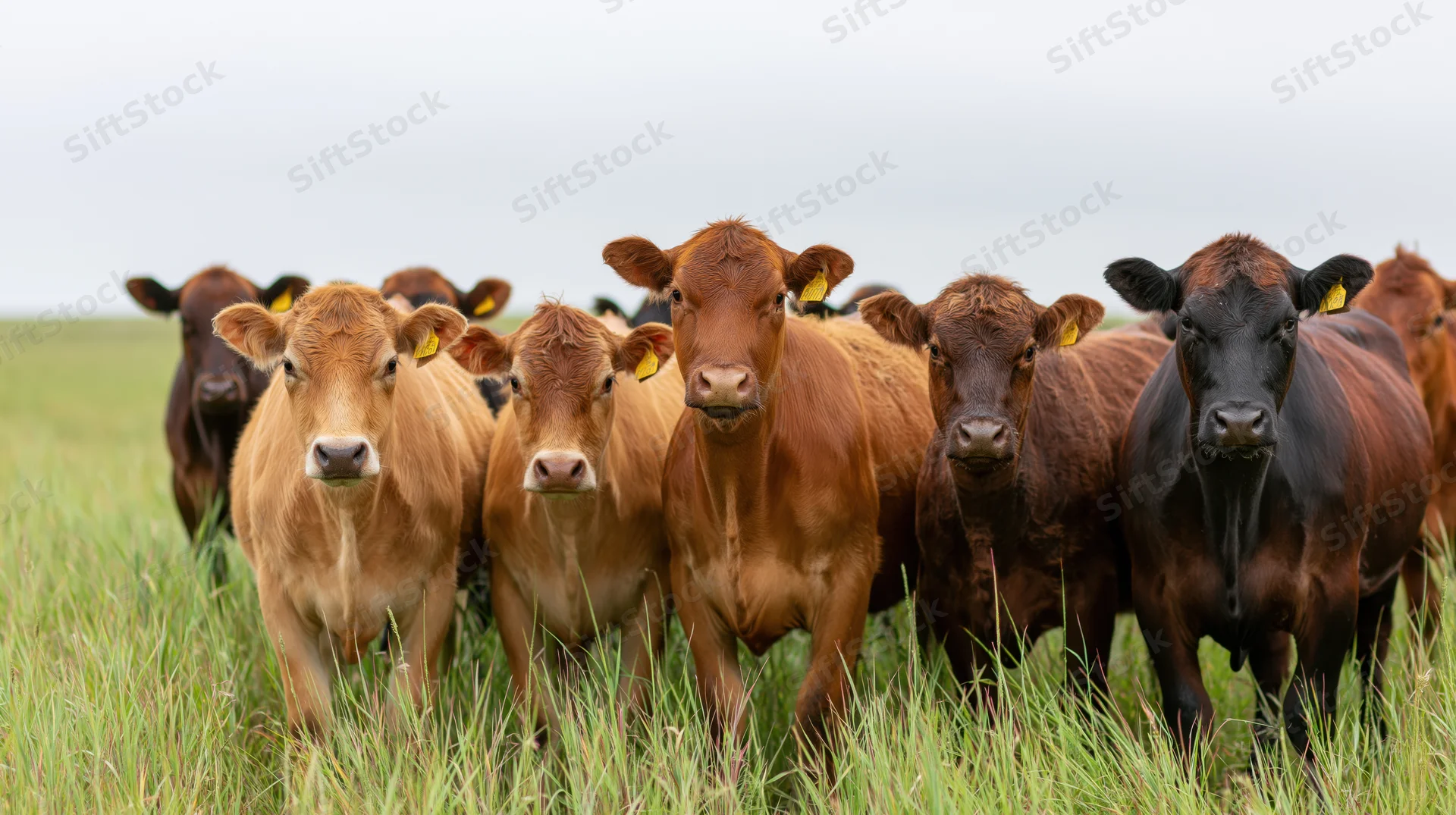 Herd of jersey and brown cattle standing in tall grass in a pasture