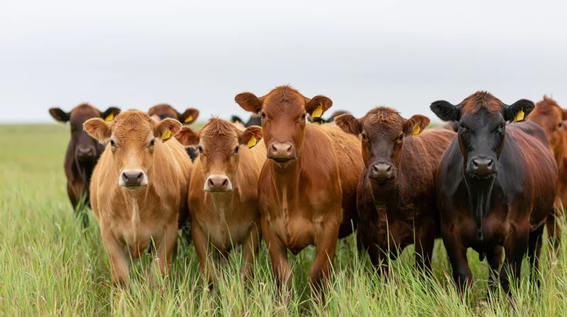 Herd of jersey and brown cattle standing in tall grass in a pasture