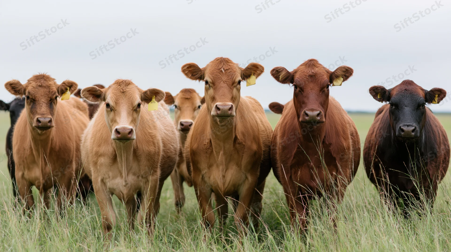 Herd of jersey and dark brown cattle standing in tall grass on a pasture